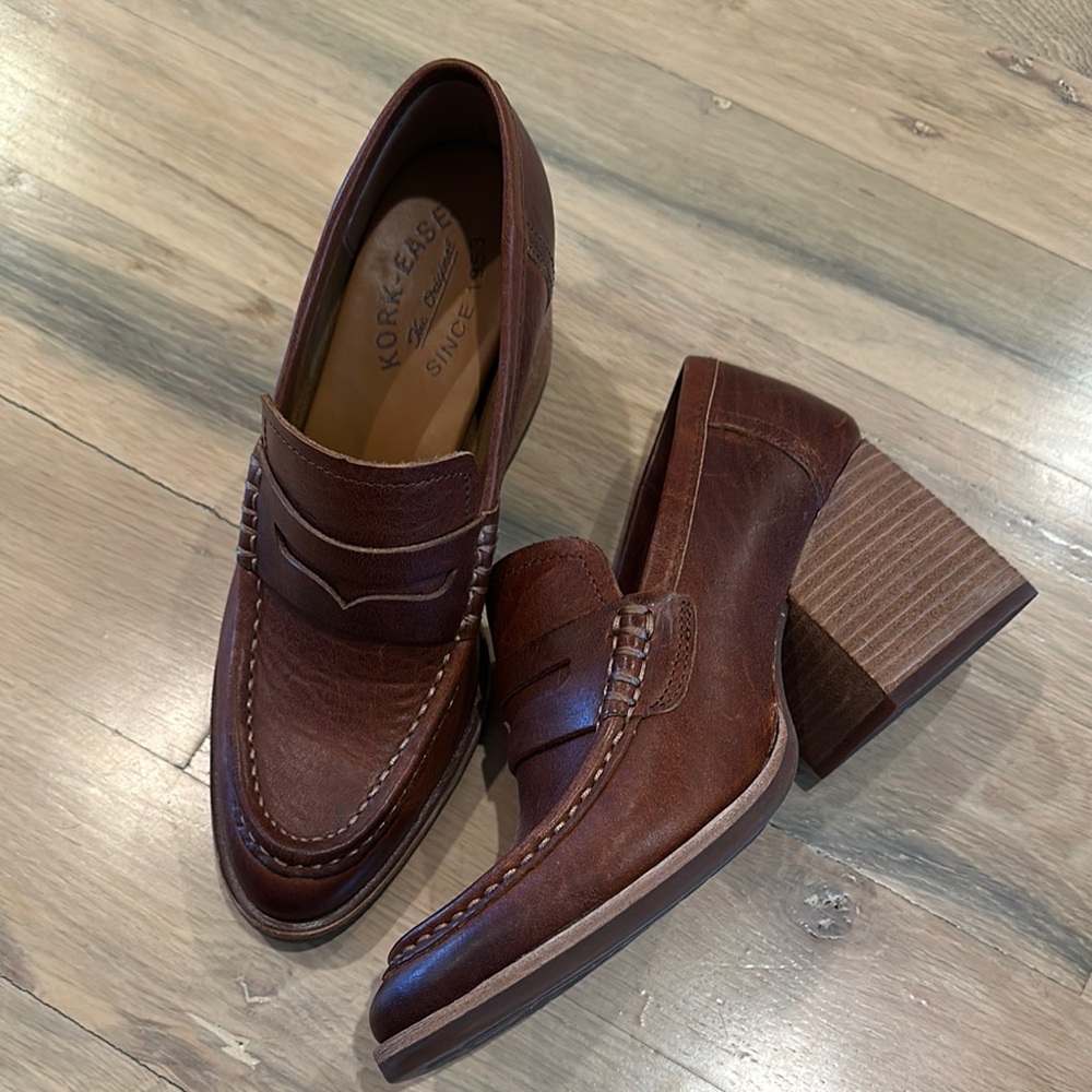 Kork-Ease Brown Leather Block Heel Loafers